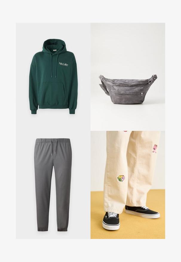 Mörkgrön hoodie i mjukt tyg, med en känguruficka, dragsko och vit textlogotyp på vänster bröst.; Grå joggingbyxor av mjukt material, med elastisk midja och snölås, muddar vid anklarna och en slät yta.; Beiga bomullbyxor med lekfulla broderade mönster, inklusive en rosa karaktär och färgglad ruta, kombinerat med svarta snörkängor.; Grå mockafjällsryggsäck med rundad form, två fickor med dragkedja och justerbart bälte. Har metallackenter som detaljer.