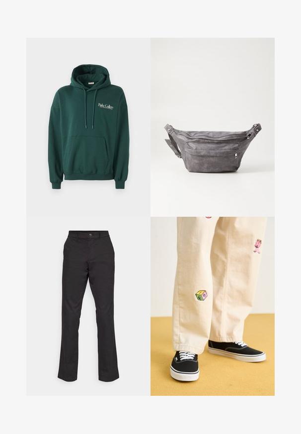 Haut à capuche vert foncé en tissu doux, avec une poche kangourou, des cordons de serrage et un logo en texte blanc sur la poitrine à gauche.; GAP STRAIGHT PERFORMANCE - Pantalon classique - true black; Pantalon en coton beige avec des motifs brodés ludiques, incluant un personnage rose et un bloc de couleur, associé à des baskets noires à lacets.; Sac banane en suède gris avec une forme arrondie, deux compartiments zippés et une sangle réglable. Comprend des accents en métal.