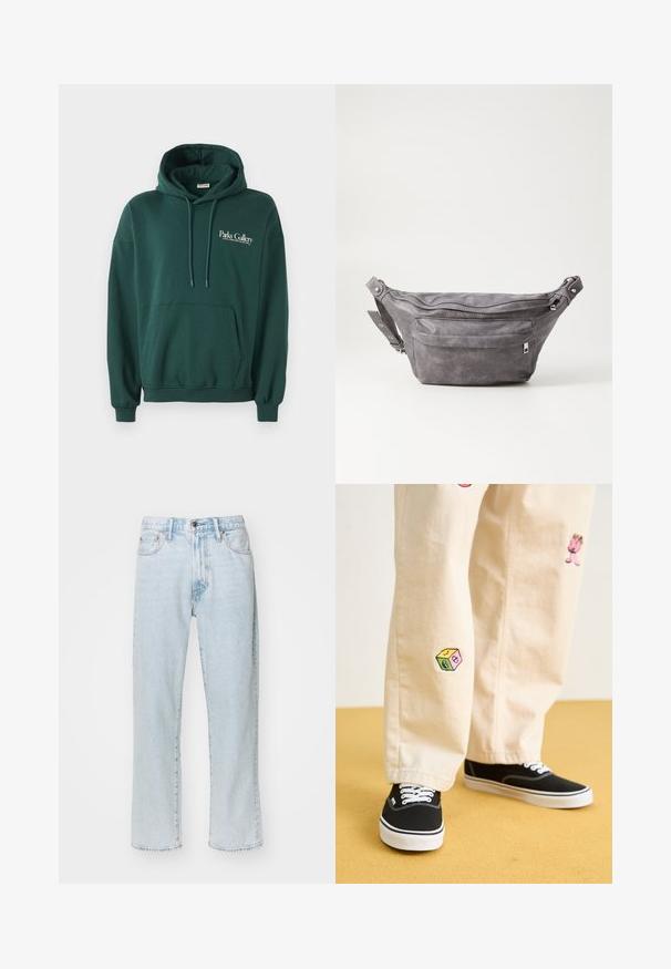 Ciemnozielona bluza z kapturem z miękkiego materiału, z kieszenią typu kangur, sznurkami oraz białym logo na lewej części klatki piersiowej.; Jasnoniebieskie dżinsy o prostym kroju, wykonane z denimu, z pięcioma kieszeniami, zamkiem błyskawicznym z zapięciem na guzik oraz subtelnym wypłukaniem materiału.; Beżowe bawełniane spodnie z zabawnymi haftowanymi wzorami, w tym różową postacią i kolorowym blokiem, w połączeniu z czarnymi sznurowanymi sneakersami.; Szara zamszowa saszetka biodrowa o zaokrąglonym kształcie, z dwoma zasuwanymi komorami i regulowanym paskiem. Wyróżnia się metalowymi akcentami.