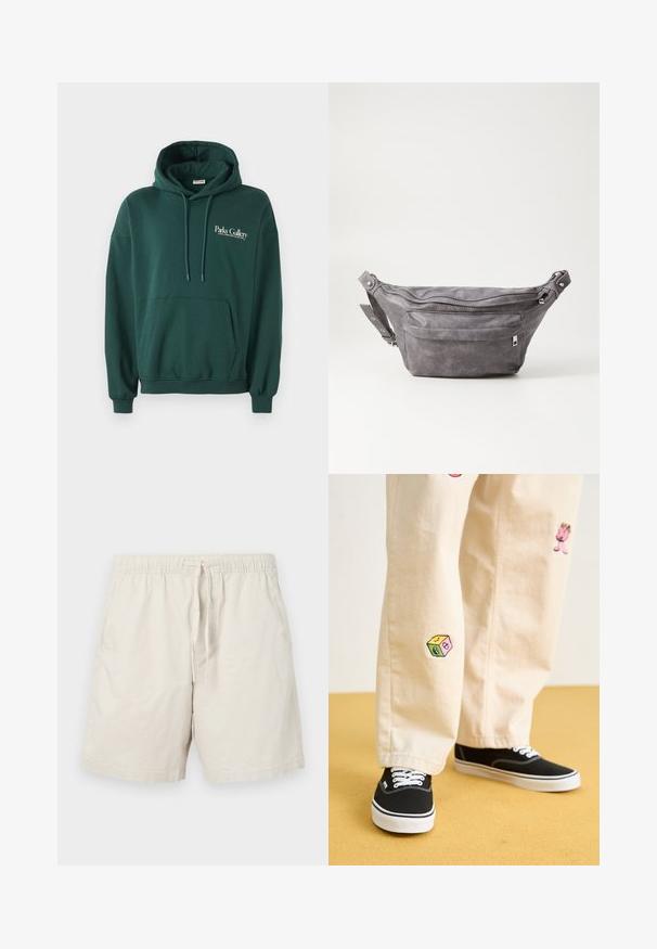 Tummanvihreä huppari, joka on valmistettu pehmeästä kankaasta. Hupparissa on kengurupocket, nyörit sekä valkoinen teksti-logo vasemmassa rintakehässä.; Beige puuvillat shortsit, joissa on joustava vyötärö, säädettävä nyöri ja sivutaskut. Ominaisuuksiin kuuluu sileä, kevyt rakenne.; Beige puuvillahousut leikkisillä brodeeratuilla kuvioilla, mukaan lukien vaaleanpunainen hahmo ja värikäs lohko, yhdistettynä mustiin nauhakengiin.; Harso harmaa samettinen vyölaukku pyöreällä muotoilulla, kahdella vetoketjullisella osastolla ja säädettävällä hihnalla. Varustettu metallisilla varusteilla.