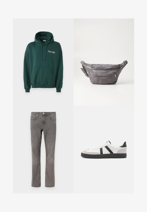 Tamsiai žalios spalvos džemperis, pagamintas iš minkštos medžiagos, su kengūros kišene, raišteliais ir balta teksto reklama kairėje krūtinės pusėje.; Pilkos džinsinio audinio kelnės su tiesiu kirpimu, turinčios penkias kišenes, mygtukų uždarymą ir subtilų audinio nudilimą.; Balti sportbačiai su juodais ir pilkais akcentais, pasižymintys tekstūruotu pilku pirštų dangteliu, juoda gumine padais ir plokščiomis baltomis raišteliais. Švarus dizainas, minimalistinis stilius.; Pilkas suedes fanny pack'as apvalios formos, su dviem užtraukiamais skyreliais ir reguliuojama diržele. Yra metaliniai aksesuarai.