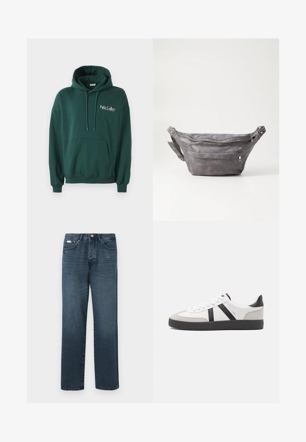 Tume roheline kapuutsiga sviiter, mis on valmistatud pehmest kangast, millel on kenguru tasku, paelad ja valge tekstilogo vasakul rinnakorvil.; Tumed sinine denim materjalist sirge lõikega teksad, viie taskuga, vöödega ja lukuga. Sile tekstuur koos kergete pleekimisdetailidega.; Valged tossud mustade ja hallide aktsentidega, tekstureeritud halli varbakattega, musta kummitald ja lamedad valged paelad. Puhtad jooned, minimalistlik stiil.; Hallikate nahast vöö kott, millel on ümar kuju, kaks tõmblukuga taskut ning reguleeritav rihm. Varustatud metallist detailide aktsentidega.