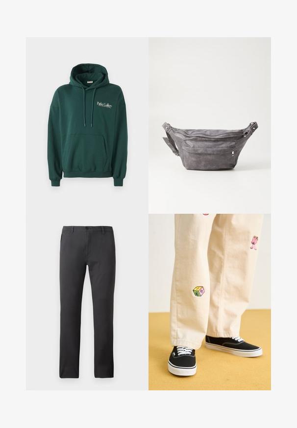 Cachecol escuro verde feito de tecido suave, com um bolso canguru, cordões e logotipo em texto branco na área do peito esquerdo.; Calças pretas feitas de um tecido suave, com um design de perna reta, bolsos frontais e fecho de botão. Estilo minimalista e versátil.; Calças de algodão bege com desenhos bordados divertidos, incluindo uma personagem rosa e um bloco colorido, combinadas com sapatilhas pretas de atacadores.; Pochete cinza em camurça com forma arredondada, dois compartimentos com fecho éclair e alça ajustável. Apresenta detalhes em metal.