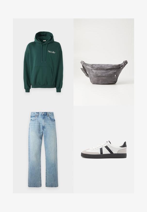 Tumši zaļš kapuce, kas izgatavota no mīksta auduma, ar kangaroo kabatu, auklītēm un baltu teksta logo uz kreisā krūšu apgabala.; Gai zilgani džinsi ar plašiem taisnām kājām, piecu kabatu dizains un jostas cilpas. Audums parāda nedaudz izbalējušu tekstūru.; Baltas sneakeris ar melniem un pelēkiem akcentiem, kuram ir teksturēts pelēks purngals, melna gumijas zole un plakanas baltas šņores. Tīrs dizains, minimālisma stils.; Pelēks zamšādas jostas somiņa ar noapaļotu formu, divām kabatām ar rāvējslēdzējiem un regulējamu siksnu. Iekļauj metāla aksesuārus.