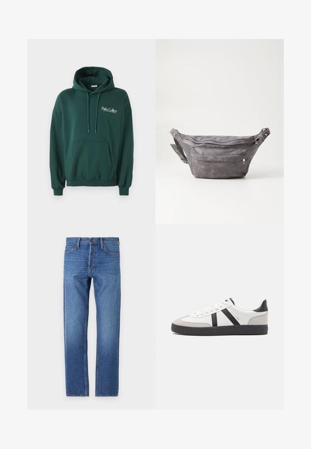 Hanorac de culoare verde închis, realizat dintr-un material moale, având o buzunar tip kangur, șnururi și un logo alb pe partea stângă a pieptului.; Blugi din denim albastru cu tăietură dreaptă, design clasic cu cinci buzunare, cusături din cupru și o spălare decolorată pentru un aspect purtat.; Sneaker alb cu accente negre și gri, având un capac de vârf gri texturat, talpă din cauciuc negru și șireturi plate albe. Design elegant, stil minimalist.; Borseta gri din suede, cu o formă rotunjită, două compartimente cu fermoar și curea ajustabilă. Are accente din metal.