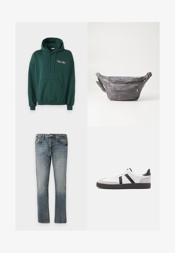 Tmavě zelená mikina z měkké tkaniny, s klokankou, šňůrkami a bílým textovým logem na levé části hrudi.; Modré džínové kalhoty se střihem rovného nohavice, které mají klasické uspořádání pěti kapes a vybledlý vzhled pro opotřebovaný vzhled.; Bílé tenisky s černými a šedými akcenty, opatřené texturovaným šedým prstovým krytem, černou gumovou podrážkou a plochými bílými tkaničkami. Čistý design, minimalistický styl.; Šedý semišový ledvinka s kulatým tvarem, dvěma zipovými přihrádkami a nastavitelným popruhem. Obsahuje kovové akcenty.