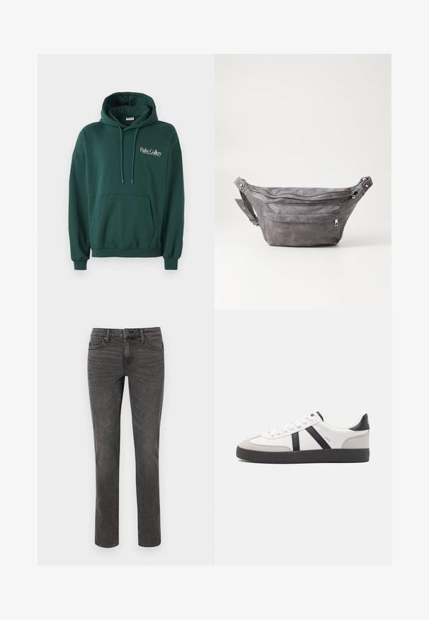 Ciemnozielona bluza z kapturem z miękkiego materiału, z kieszenią typu kangur, sznurkami oraz białym logo na lewej części klatki piersiowej.; Szare dżinsy o prostym kroju, z przeszyciami, pięcioma kieszeniami i metalowym zapięciem na guziki w talii.; Białe sneakersy z czarnymi i szarymi akcentami, z teksturowanym szarym czubkiem, czarną gumową podeszwą i płaskimi białymi sznurowadłami. Czysty design, minimalistyczny styl.; Szara zamszowa saszetka biodrowa o zaokrąglonym kształcie, z dwoma zasuwanymi komorami i regulowanym paskiem. Wyróżnia się metalowymi akcentami.