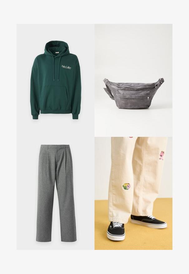 Dark green hoodie made of soft fabric, featuring a kangaroo pocket, drawstrings, and white text logo on the left chest area.; Gray, straight-leg trousers made of textured fabric, featuring pleats at the front and a basic waistband, with no visible pockets.; Beige cotton pants with playful embroidered designs including a pink character and colored block, paired with black lace-up sneakers.; Gray suede fanny pack with a rounded shape, two zippered compartments, and adjustable strap. Features metal hardware accents.