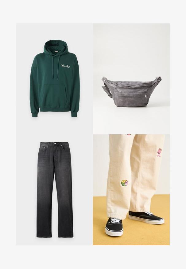 Dunkelgrüner Hoodie aus weichem Material, mit einer Kängurutasche, Bindebändern und einem weißen Textlogo auf der linken Brustseite.; Only & Sons ONSFADE  - Baggy Jeans - washed black; Beige Baumwollhosen mit verspielten, gestickten Motiven, darunter eine pinke Figur und bunte Blöcke, kombiniert mit schwarzen Schnürsneakern.; Graue Wildleder-Gürteltasche mit runder Form, zwei mit Reißverschluss verschlossenen Fächern und verstellbarem Trageriemen. Mit metallischen Hardware-Akzenten.