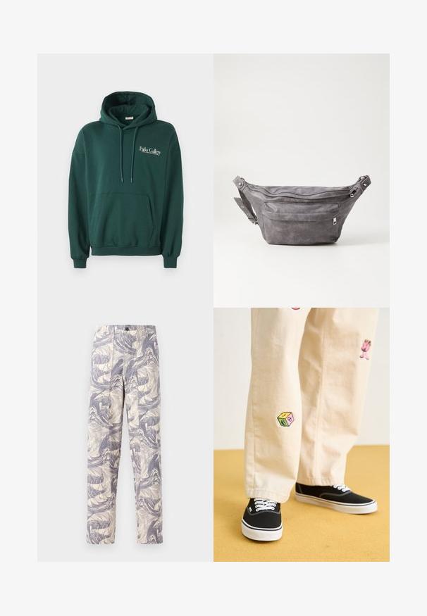 Mørkegrønn hettegenser laget av mykt stoff, med kengurulomme, snorer og hvit tekstlogo på venstre brystområde.; Lette, kremfargede bukser med et blått abstrakt bølgemønster. De har en rett passform, med to frontplyger og knappelukking.; Beige bomullsbukser med lekne broderte design, inkludert en rosa karakter og fargede blokker, kombinert med svarte snørebåndssko.; Grå semsket fanny pack med avrundet form, to glidelåslommer og justerbar stropp. Har metallbeslag som detaljer.