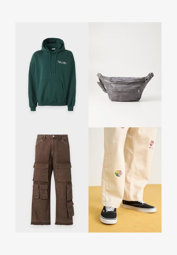 Tamnozeleni dukserica od mekog materijala, s kengur džepom, podešavanjima na kapuljači i bijelim logotipom na lijevoj strani prsnog područja.;  smeđe cargo hlače s ležernim krojem, višestrukim bočnim džepovima i izrezanim rubom. Izrađene od čvrstog, teksturiranog materijala za izdržljivost.; Bež pamuk hlače s razigranim izvezenim dizajnima, uključujući ružičasti lik i obojene blokove, uparene s crnim vezicama za cipele.; Siva zamšasta torbica preko struka sa zaobljenim oblikom, dva zip zatvorena odjeljka i podesivim remenom. Sadrži metalne naglaske.