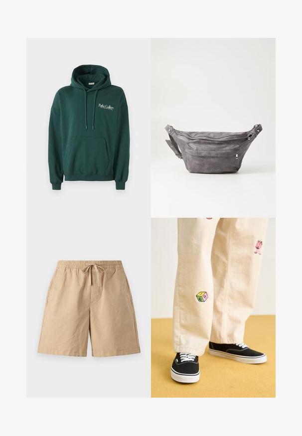 Mørkegrønn hettegenser laget av mykt stoff, med kengurulomme, snorer og hvit tekstlogo på venstre brystområde.; Beige bomullsshortser med elastisk midjebånd og justerbar snor, med sidelommer og en avslappet passform. Glatt tekstur, kne-lengde.; Beige bomullsbukser med lekne broderte design, inkludert en rosa karakter og fargede blokker, kombinert med svarte snørebåndssko.; Grå semsket fanny pack med avrundet form, to glidelåslommer og justerbar stropp. Har metallbeslag som detaljer.