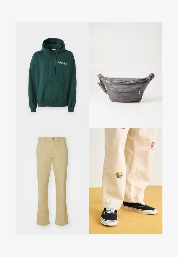 Tmavě zelená mikina z měkké tkaniny, s klokankou, šňůrkami a bílým textovým logem na levé části hrudi.; Beige rozšířené kalhoty vyrobené z bavlněného směsového materiálu s hladkou texturou, s předním knoflíkem v pase a kapsami.; Béžové bavlněné kalhoty s hravými vyšívanými vzory, včetně růžové postavičky a barevného bloku, v kombinaci s černými šněrovacími teniskami.; Šedý semišový ledvinka s kulatým tvarem, dvěma zipovými přihrádkami a nastavitelným popruhem. Obsahuje kovové akcenty.