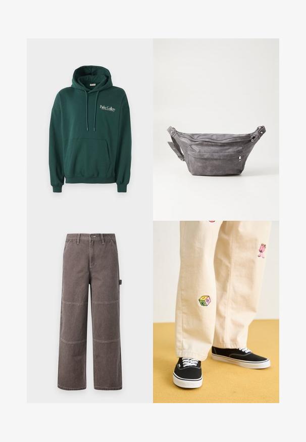 Donkergroene hoodie van zachte stof, met een kangoeroezak, trekkoorden en een wit tekstlogo op de linkerborst.; Wijd been broek in een vervaagde bruine kleur, gemaakt van duurzaam materiaal met contrasterende stiksels. Kenmerkt paneeldetails en een zijzak.; Beige katoenen broek met speelse geborduurde ontwerpen, waaronder een roze figuur en een gekleurd blok, gecombineerd met zwarte veterschoenen.; Grijze suède heuptas met een ronde vorm, twee met rits afgesloten compartimenten en een verstelbare band. Voorzien van metalen accenten.