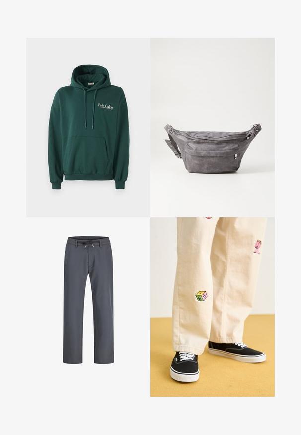 Tume roheline kapuutsiga sviiter, mis on valmistatud pehmest kangast, millel on kenguru tasku, paelad ja valge tekstilogo vasakul rinnakorvil.; Hallid hallid elastse vööga püksid, millel on nööri tõmbamine. Sirge jala disain, valmistatud siledast kangast, millel on minimaalne õmblus ja nähtavat riistvara pole.; Bežistestased püksid, millel on mängulised tikandid, sealhulgas roosa tegelane ja värvikad plokid, koos mustade nöörkingadega.; Hallikate nahast vöö kott, millel on ümar kuju, kaks tõmblukuga taskut ning reguleeritav rihm. Varustatud metallist detailide aktsentidega.