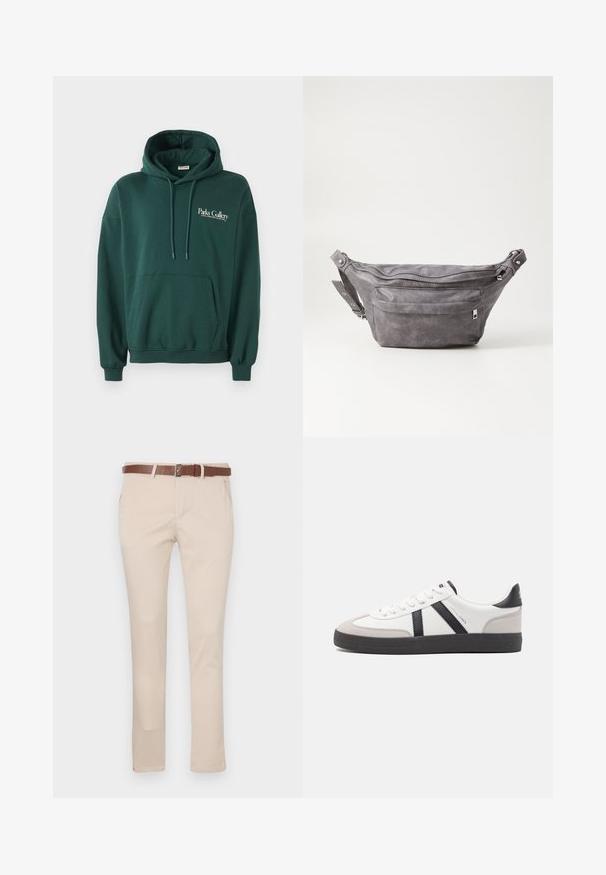 Temno zelena kapuca iz mehke tkanine, z kenguru žepom, vrvicami in belim logotipom na levi strani prsnega koša.; Bež chinos hlače iz bombaža, z rjavim usnjenim pasom, standardnimi žepi in prilegajočim krojem z ravnimi nogavicami.; Bela športna obutev z črnimi in sivo akcenti, z teksturirano sivo kapico za prste, črnim gumijastim podplatom in ravnimi belimi vezalkami. Čista zasnova, minimalistični slog.; Sivkasta zamšasta torbica s okroglo obliko, dvema žepoma na zadrgo in nastavljivim trakom. Ima kovinske dodatke.