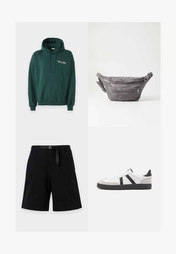 Haut à capuche vert foncé en tissu doux, avec une poche kangourou, des cordons de serrage et un logo en texte blanc sur la poitrine à gauche.; Shorts noirs en tissu lisse, dotés d'une ceinture noire et d'une poche frontale. Conception droite avec un bas ourlé.; Baskets blanches avec des accents noirs et gris, présentant un embout texturé gris, une semelle en caoutchouc noir et des lacets plats blancs. Design épuré, style minimaliste.; Sac banane en suède gris avec une forme arrondie, deux compartiments zippés et une sangle réglable. Comprend des accents en métal.
