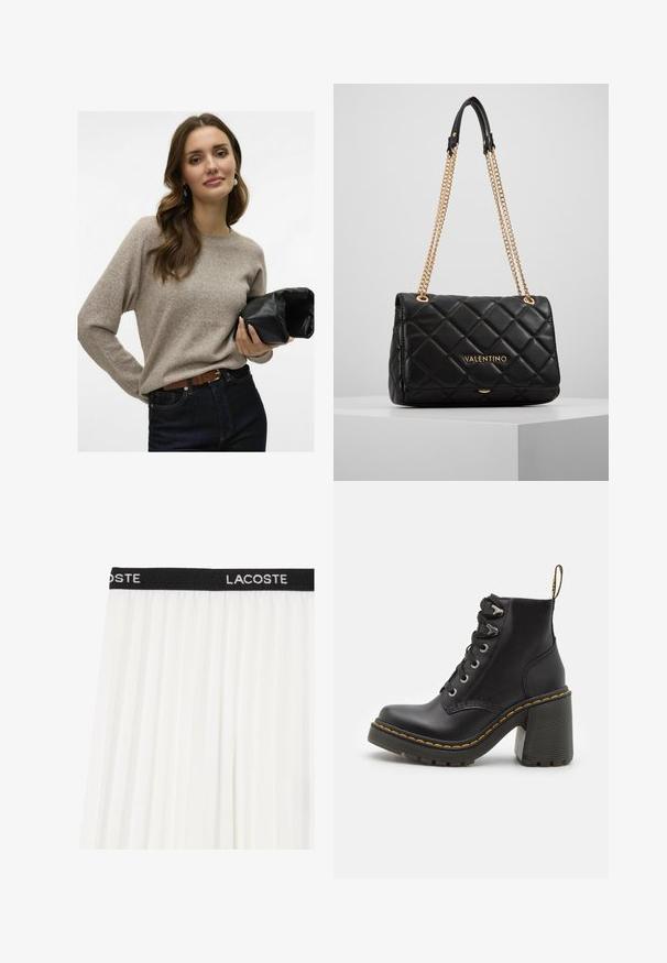 Beige knitted sweater with long sleeves, round neckline, and soft texture. Paired with dark denim jeans and holding a black leather clutch.; White pleated skirt with a black waistband featuring "LACOSTE" embroidered in white. Lightweight, flowy fabric with a smooth texture.; Black leather ankle boot featuring a chunky high heel, lace-up front, metal eyelets, and yellow stitching along the sole. Textured rubber outsole.; Black quilted leather handbag with gold chain strap and logo detail. Rectangular shape, smooth texture, featuring a flap closure.