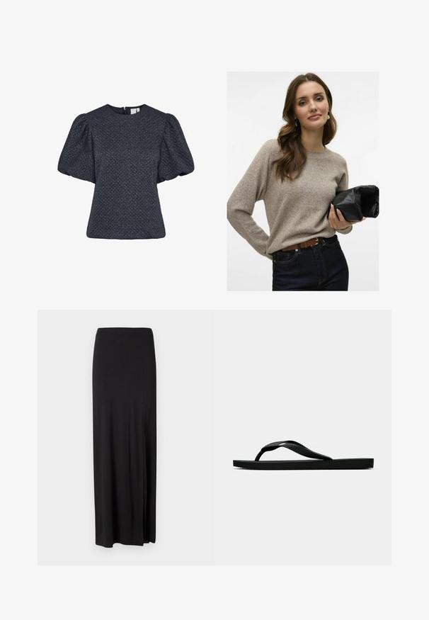 Beige gestrickter Pullover mit langen Ärmeln, Rundhalsausschnitt und weicher Textur. Kombiniert mit dunklen Jeans und hält eine schwarze Ledertasche.; Texturierte marineblaue Bluse mit kurzen Puffärmeln, rundem Ausschnitt und Reißverschlussdetail im Rücken. Hergestellt aus einem schimmernden Stoff mit Muster.; Schwarzer Maxikleid-Rock aus weichem, dehnbarem Material. Verfügt über einen Seitenschlitz und ein einfaches, schlankes Design ohne Verzierungen.; Schwarze Gummi-Flip-Flop-Sandale mit einem strukturierten Riemen und einfacher flacher Sohle, von der Seite auf einem schlichten hellen Hintergrund dargestellt.
