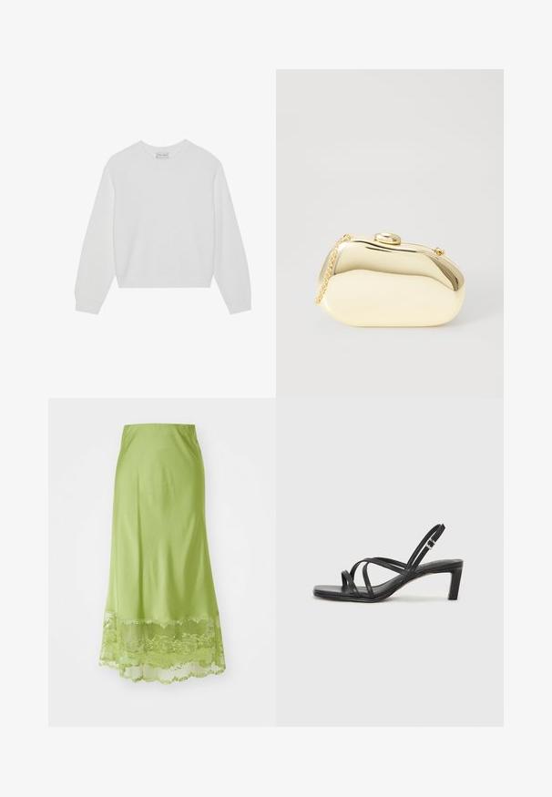 Bela pletena pulover s okroglim izrezom, spuščeni rameni, rebrastim teksturo in nekoliko skrajšanim robom. Mehka tkanina, sproščen dizajn.; Dolge, limonasto zelene krilo, narejeno iz gladkega blaga. Ima čipkast rob na koncu, s cvetličnimi vzorci vezenimi v usklajeni barvi.; Črne natikače s trakovi in kvadratnim prstom ter nizkim blokastim peto. Imajo več tankih trakov in nastavljiv trak okoli gležnja. Narejene so iz gladkega usnja.; Metalna zlata torbica z gladko, zaobljeno obliko, opremljena z zgornjim gumbom in majhnim verižnim ročajem za nošenje.; Zlate obroče za ušesa z gladkim, zaobljenim dizajnom. Tanki in lahki, z neprekinjenim krogom brez okrasnih elementov.