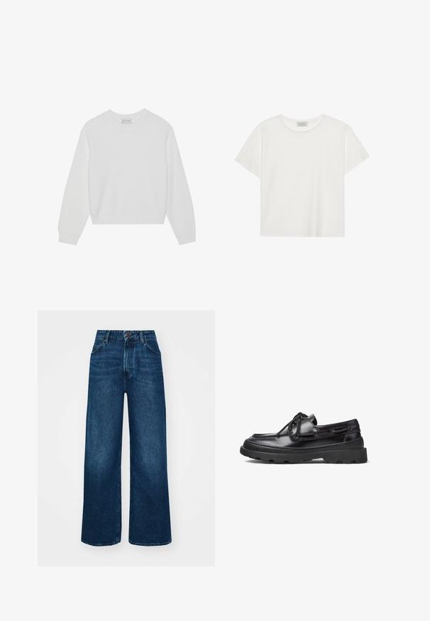Pulôver em malha branca com decote redondo, ombros caídos, textura canelada e bainha ligeiramente cropped. Tecido suave, design casual.; T-shirt branca de manga curta feita de algodão macio. Apresenta um decote redondo e um corte descontraído. Design limpo sem padrões ou detalhes visíveis.; Jeans de cintura alta e pernas largas em denim azul escuro com uma textura suave, costuras em contraste e design de cinco bolsos. Fecho frontal com botão.; Sapatos de boat de couro preto com biqueira arredondada, design de atacadores, detalhes alinhavados e uma sola de borracha grossa com um padrão de aderência texturizado.