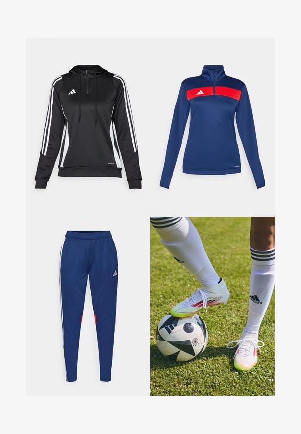 Navy long-sleeve quarter-zip top featuring a red horizontal stripe, white logo, smooth texture, and fitted design. Performance fabric.; Black athletic pullover with a half-zip, hood, and white side stripes. Made of smooth, lightweight fabric with a fitted design and adjustable drawstrings.; Navy track pants with white side stripes, elastic waistband, and red accents near the hem. Made of smooth, lightweight fabric.; White soccer cleats with red accents, resting on a black-and-white soccer ball, on a grassy field with white socks and stripes visible.