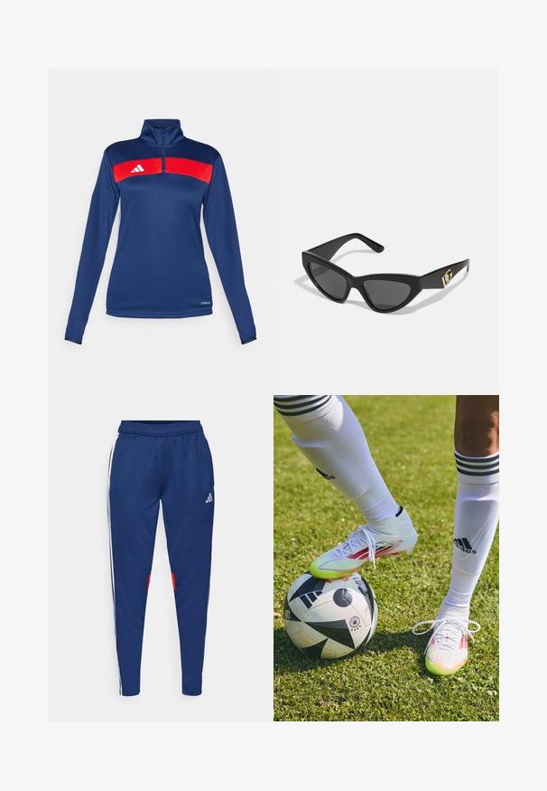 Námornícka dlhá rukávová polovičná zipsová mikina s červeným horizontálnym pruhom, bielym logom, hladkou textúrou a priliehavým strihom. Výkonová látka.; Námořnické tepláky s bílými bočními pruhy, elastickým pasem a červenými akcenty poblíž lemu. Vyrobené z hladké, lehké látky.; Biele futbalové kopačky s červenými akcentami, položené na čierno-bielom futbalovom míči, na tráve so zreteľne viditeľnými bielymi ponožkami a pruhmi.; Slnečné okuliare v tvare mačacích očí s matným čiernym plastovým rámom, tmavými sklami a zlatým logom na bočnej strane. Ostrý dizajn a hladká textúra.
