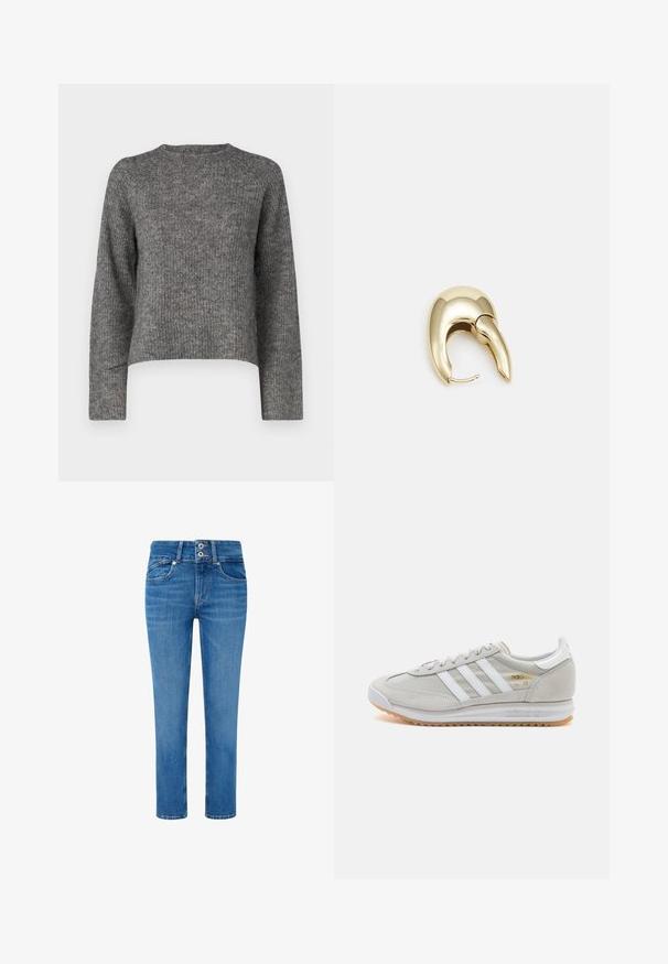 Sivi pleteni pulover s dugim rukavima, okruglim izrezom i ležernim krojem. Teksturirana tkanina i skraćena dužina. Nema dodatnih detalja.; Plave traper hlače ravnog kroja, s dva prednja džepa, dugmadi s duplim kopčanjem i suptilnim izbljeđivanjem na nogavicama.; Svijetlosivi tenisice od antilopa i mrežice, s tri bijele pruge, okruglim vrhom i gumenom potplatom. Zlatni logo akcent blizu vezica.; Zlatne metalne naušnice s elegantnim, zakrivljenim dizajnom. Imaju karakterističan šiljast oblik, poliranu površinu i zatvaranje na šarku.