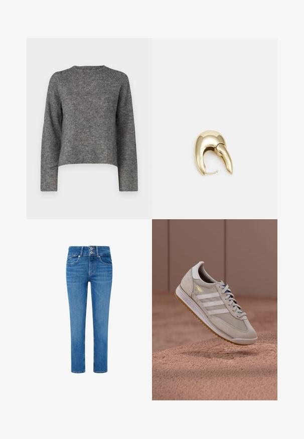 Sivi pleteni pulover s dugim rukavima, okruglim izrezom i ležernim krojem. Teksturirana tkanina i skraćena dužina. Nema dodatnih detalja.; Plave traper hlače ravnog kroja, s dva prednja džepa, dugmadi s duplim kopčanjem i suptilnim izbljeđivanjem na nogavicama.; adidas Originals SL 72 RS UNISEX - Tenisice - grey one/footwear white/crystal white; Zlatne metalne naušnice s elegantnim, zakrivljenim dizajnom. Imaju karakterističan šiljast oblik, poliranu površinu i zatvaranje na šarku.