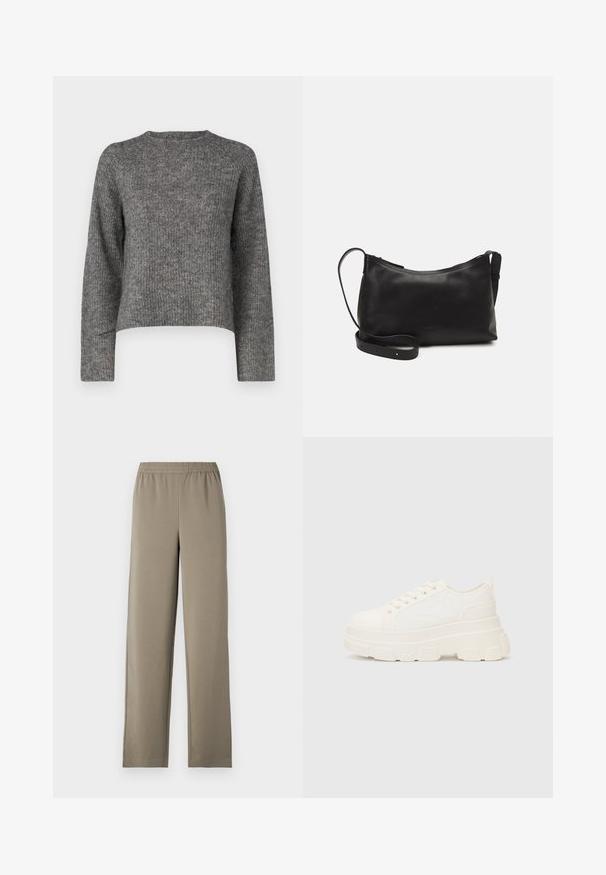 Pilkas megztinis su ilgomis rankovėmis, apvalia iškirpte ir laisvu siluetu. Faktūrinis audinys ir trumpas ilgis. Jokių papildomų detalių.; Lengvi kelnaičiai šviesiai khaki spalvos. Pagaminti iš lygaus audinio su elastinga juosmeniu ir plačiomis kojomis. Nėra matomų raštų ar akcentų.; Balti drobės sportbačiai su storu padu, apvalia nosimi ir penkiomis akytėmis raištams. Gale yra kilputė, kad būtų lengva užsidėti. Sklandus paviršius, minimalistinis dizainas.; Juodas odinis petinis krepšys su lygiu paviršiumi, išlenkta forma, reguliuojama dirželiu ir užtrauktuku. Minimalistinis dizainas be puošmenų.