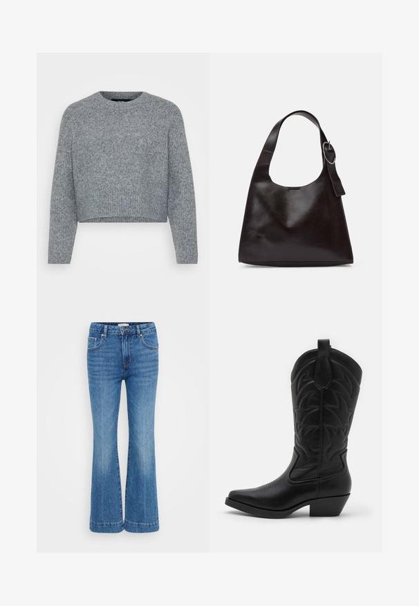 Pilkas, trumpas megztinis su tekstūriniu audiniu, turintis apvalią iškirptę ir ilgomis rankovėmis. Medžiaga atrodo švelni ir šilta.; Plati džinsai su aukštu liemeniu, su švelniu nusidėvėjimo efektu priekyje, penkių kišenių dizainu ir kontrastingomis siūlėmis.; Juodas kaubojiškas batas su smailiu pirštu, tekstūruota oda, dekoratyvine siuvinėta kojine ir žemu pakelta kulnu.; Ruda odinė petinė kuprinė su lygiu paviršiumi, apvalia forma, plačia juosta ir apvaliu metaliniu akcentu ant rankenos.