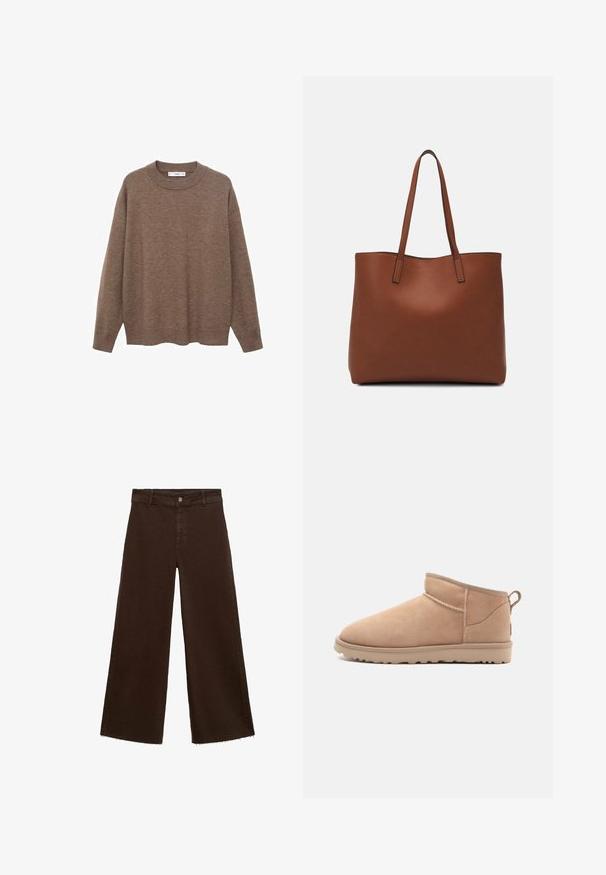 Pulover tricotat de culoare maro, cu guler rotund și mâneci lungi. Are o croială lejeră și mansete și tiv cu striații pentru un plus de textură.; Pantaloni largi maro dintr-un amestec de bumbac, cu un tiv desfăcut, închidere cu buton frontal și un design clasic cu cinci buzunare. Minimalist și versatil.; Botină ankle din suede tan, cu vârful rotunjit, textură moale, design simplu și talpă din cauciuc cu profil redus. Are un tab de prindere la spate.; Geantă de umăr din piele maro cu o textură netedă, design cu vârf deschis și două curele pentru umăr. Prezintă cusături minime și fără componente metalice vizibile.
