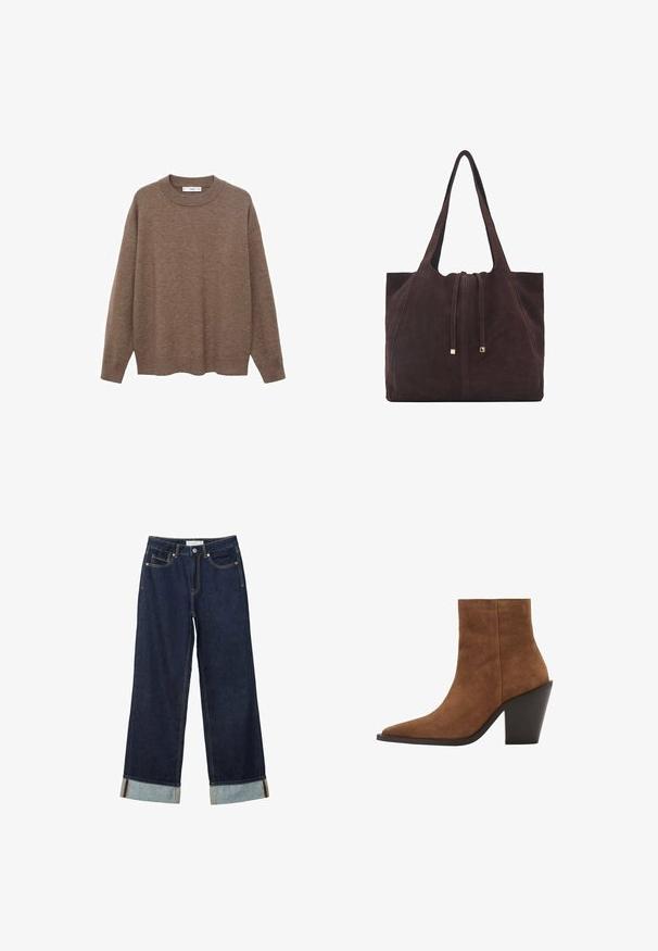 Brązowy sweter z dzianiny z okrągłym dekoltem i długimi rękawami. Charakteryzuje się luźnym krojem oraz ściągaczami przy mankietach i dolnym brzegu, co dodaje tekstury.; Ciemnoniebieskie dżinsy o szerokich nogawkach i wysokim stanie, z podwiniętymi mankietami, kontrastowym przeszyciem i pięcioma kieszeniami. Wykonane z materiału dżinsowego.; Brązowe zamszowe botki za kostkę z ostrym noskiem i masywnym czarnym obcasem, charakteryzujące się gładką fakturą i minimalistycznym designem.; Mango - Torba na zakupy