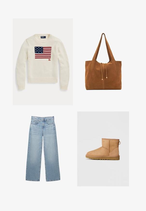 Krémový pletený svetr s velkým vyšitým designem americké vlajky na přední straně. Hlavní a manžetové lemy a lemování dodávají texturu.; Bílá bavlněná tričko s krátkým rukávem, kulatým výstřihem a volným střihem. Materiál vypadá hladce, bez viditelných vzorů nebo grafik.; Světle modré džíny s širšími nohavicemi a vysokým pasem, pěti kapsami a subtilním vyblednutím, s kovovým knoflíkem a poutky na opasek.; Světlé semišové kotníkové boty s kulatou špičkou, prošívanými detaily, poutkem vzadu a texturovanou gumovou podrážkou. Navrženo pro pohodlí a teplo.; Hnědá semišová taška s dvěma dlouhými popruhy, stahovací šňůrkou a minimalistickým designem. Hladký povrch a žádné viditelné kovové akcenty.