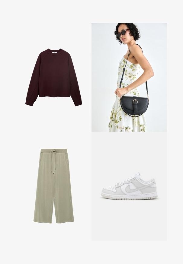 Burgundský sveter s uvoľneným strihom, rebrovaným výstrihom a dlhými raglánovými rukávmi. Hladká textúra a skrátený lem. Bez vzorov alebo kovových detailov.; Svetlozelené široké nohavice vyrobené z mäkkého materiálu, s elastickým pásom a šnúrkou a dvoma bočnými vreckami.; Biele kožené tenisky s šedými akcentmi, perforovaná špička, ploché šnúrky, polstrovaný golier a textúrovaná gumová podrážka.; Čierna kožená kabelka s zaobleným tvarom, odnímateľným popruhom a zlatými doplnkami. Kabelka má klopu s detailom s prackou.