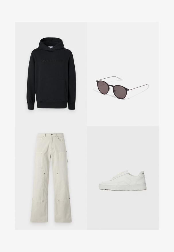 Juodas gobtuvėlis, minkšta medžiaga, pertraukiamo dizaino, priekinė kengūros kišenė, iškilus "QUARTZ CO" logotipas ant krūtinės, raukšlėtai rankogaliai ir apačia.; Plati, šviesiai bežinės kelnės pagamintos iš medvilnės su lygiu paviršiumi, turinčios klostes ir metalines detales.; Balti odiniai sportiniai bateliai su lygia apdaila, apvaliu pirštu, plokščiais raišteliais ir tekstūruotu padu. Pasižymi subtiliu logotipu ant kulno.; Juodos apvalios saulės akinių su tamsiais lęšiais ir plonomis metalinėmis šakomis. Įtraukti skaidrūs šventyklų galai ir sidabriniai akcentai vyrio srityje. Minimalistinis dizainas.