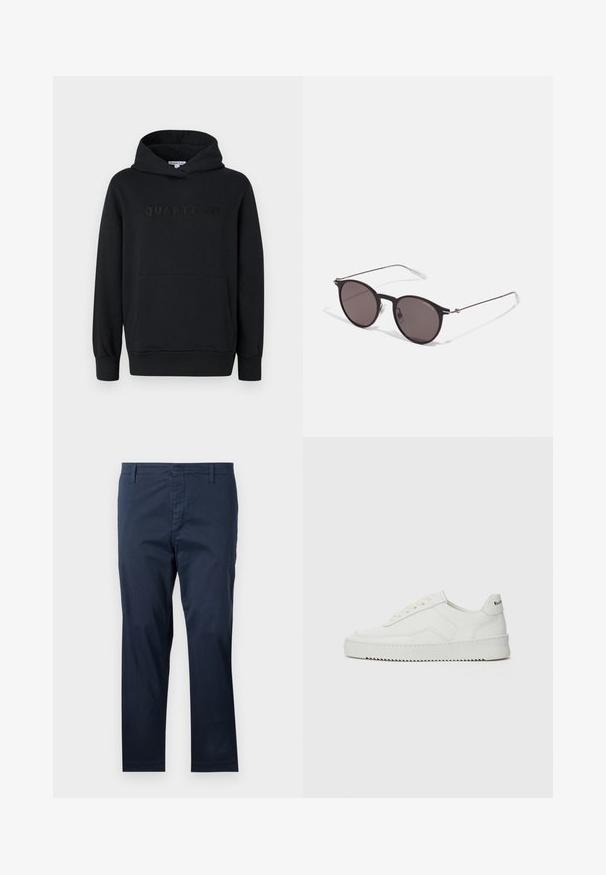 Fekete kapucnis pulóver, puha anyagból, átvetős kialakítással, elöl kenguruzsebbel, dombornyomott "QUARTZ CO" logóval a mellkasán, bordázott mandzsettákkal és aljjal.; Tengerészkék pamut nadrág, egyenes szabással, övhurkokkal és cipzáras záródással, sima textúrával és tiszta végkészítéssel az alján.; Fehér bőr sportcipő sima felülettel, kerek orral, lapos fűzőkkel és texturált talppal. Finom logó található a sarokon.; Fekete kerek napszemüveg sötét lencsékkel és karcsú fém szárakkal. Átlátszó szárvégeket és ezüst részleteket tartalmaz az ívnél. Minimalista dizájn.