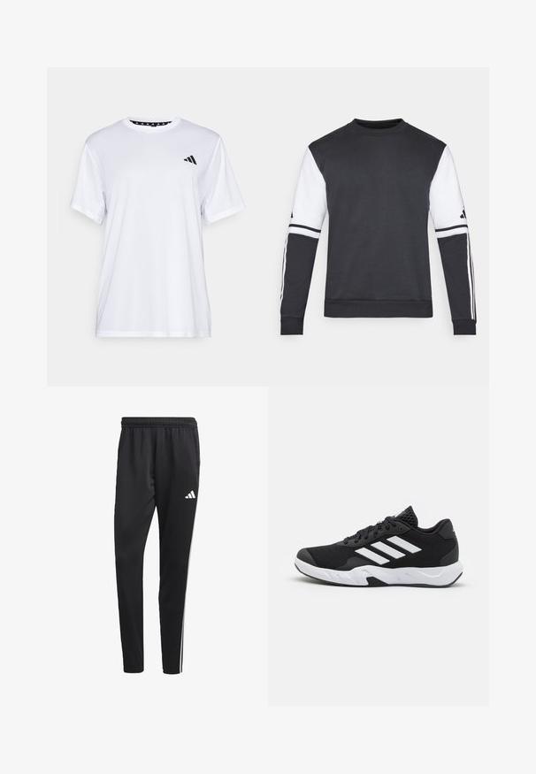 Svart och vit crewneck sweatshirt med långa ärmar, som har kontrasterande färgade ärmar och tre vita ränder längs armarna.; Vit sporttopp med kort ärm, tillverkad av fukttransporterande tyg. Har en svart logotyp på vänster bröst och ett mönstrat inre halsringning.; Svarta träningsbyxor med elastisk midja, vita sidostreck och en liten vit logotyp på låret. Tillverkade av ett slätt, lätt material.; Svarta sportskor med ett texturerat nätövre, vita accentlinjer, en dämpad sula och en förstärkt häl för stöd.