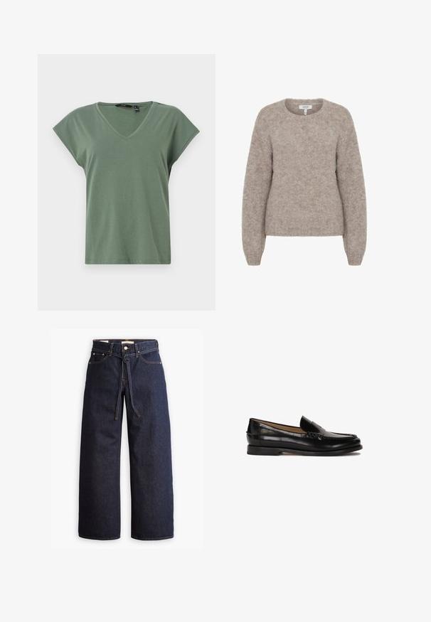 b.young BYMILLER - Trui - humus melange; Olijfgroen V-hals T-shirt met korte mouwen, gemaakt van zachte stof. Heeft een ontspannen pasvorm en een strak ontwerp zonder zichtbare logo's.; Wijd pijpjes donkerblauwe denim jeans met een hoge taille, voorzien van een trekkoord, vijf zakken en contrasterende stiksels.; Zwarte leren loafer met een ronde neus, instapontwerp en subtiele stiksels langs de bovenkant. Platte rubberen zool.