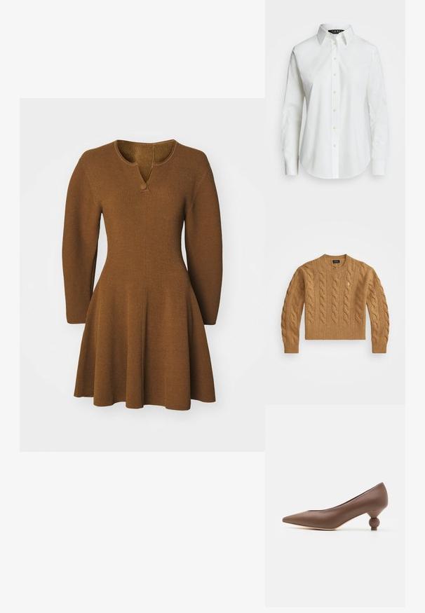 Brauner Kabelstrickpullover mit rundem Ausschnitt, gerippten Bündchen und Saum, ausgestattet mit einem kleinen Logo auf der Brust, aus strukturiertem Stoff gefertigt.; Braunes Strickkleid mit leicht ausgestelltem Rock, langen Ärmeln und einem V-Ausschnitt, der mit einem einzelnen Knopf verziert ist. Strukturierter Rippstoff.; Weißes langärmliges Hemd aus Baumwolle mit Knopfleiste. Verfügt über einen klassischen Kragen, sieben Knöpfe und ein dezentes, auf die Brust gesticktes Logo.; Braune Leder-Pumps mit spitz zulaufender Zehenpartie und einzigartigem runden Ballabsatz. Glatte Textur, elegantes Design und minimalistische Details.