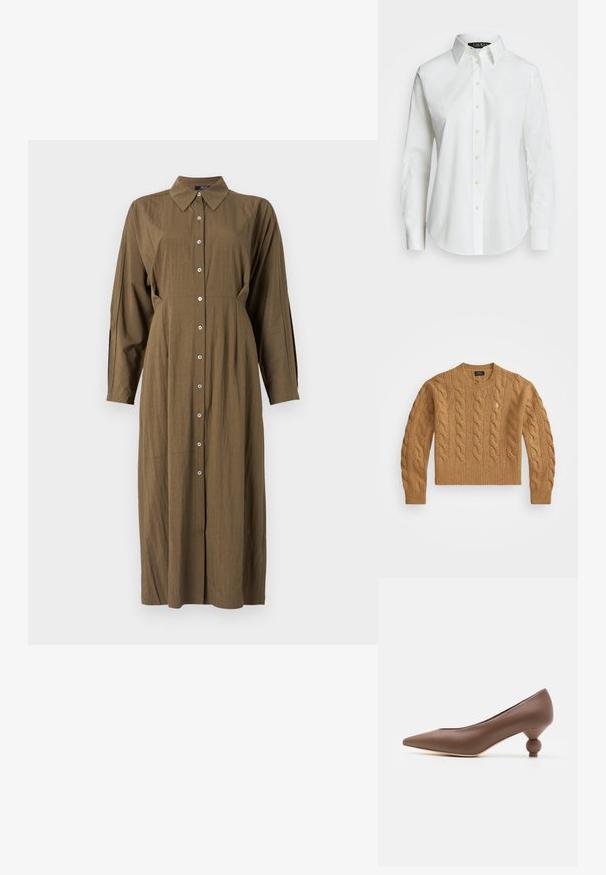 Brūns adīts džemperis ar apaļu kakla izgriezumu, ribotām aprocēm un apakšmalu, ar nelielu logo uz krūtīm, izgatavots no struktūrētas auduma.; Olīvzaļš garām piedurknēm tērps ar iegarenu apkakli, priekšējo pogu aizdari un brīvu piegriezumu. Gluda auduma ar smalku tekstūru un sānu šuvēm.; Balta garām piedurknēm pogājama krekls, kas izgatavots no kokvilnas. Tam ir klasiskā apkakle, septiņas pogas un nemanāms logotips izšūts uz krūšu.; Brūnas ādas kurpes ar smailu purngali un unikālu noapaļotu papēdi. Gluda tekstūra, elegants dizains un minimālistiska apdare.