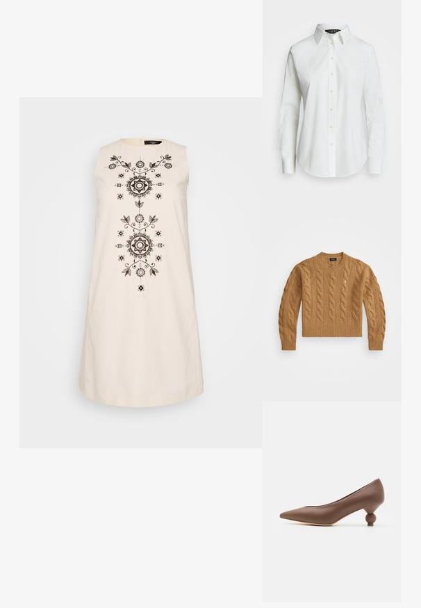 Pull en maille torsadée marron avec un col rond, des poignets et un ourlet côtelés, présentant un petit logo sur la poitrine, fabriqué en tissu texturé.; Robe sans manches crème avec une broderie noire complexe présentant des motifs floraux et géométriques au centre et un décolleté rond.; Chemise blanche à manches longues avec boutons en coton. Elle présente un col classique, sept boutons et un logo subtil brodé sur la poitrine.; Escarpin en cuir marron à bout pointu avec un talon en forme de boule arrondie. Texture lisse, design épuré et détails minimalistes.