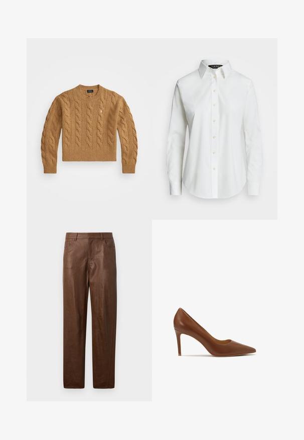 Pull en maille torsadée marron avec un col rond, des poignets et un ourlet côtelés, présentant un petit logo sur la poitrine, fabriqué en tissu texturé.; Chemise blanche à manches longues avec boutons en coton. Elle présente un col classique, sept boutons et un logo subtil brodé sur la poitrine.; Pantalon en cuir marron avec une texture lisse, coupe droite et deux poches latérales. Présente des détails de couture visibles.; Escarpin en cuir marron à talon haut avec un nez pointu, présentant une texture lisse et une silhouette épurée, mesurant environ 3 pouces de haut.