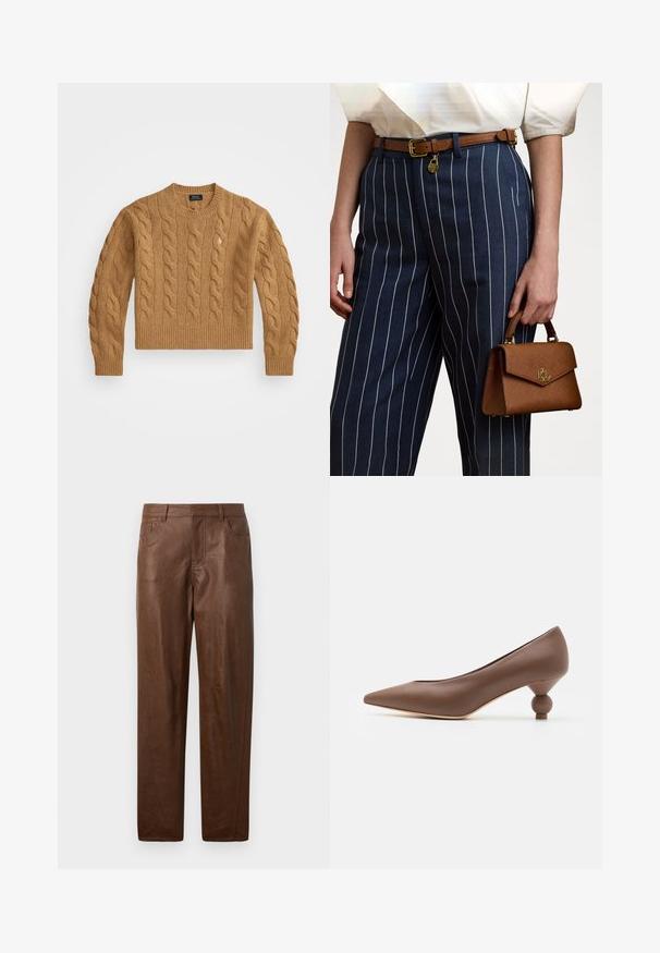 Brun kabelstrikket sweater med rund halsudskæring, ribbede manchetter og kant, prydet med et lille logo på brystet, lavet af struktureret stof.; Hvid langærmet skjorte med knaplukning lavet af bomuld. Har en klassisk krave, syv knapper og et diskret logo broderet på brystet.; Brune læderbukser med en glat tekstur, lige ben-design og to sidelommer. Har synlige stikningsdetaljer.; Brune læder pumps med spids tå og en unik rund kuglehælt. Glat tekstur, slankt design og minimalistisch detaljer.; Brun tekstureret håndtaske med guld hardware, holdt ved siden af marineblå stribede bukser med hvide lodrette linjer. Enkel, struktureret design.