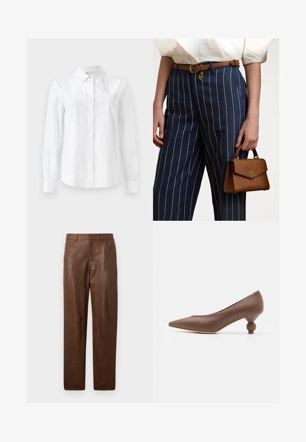 Brun kabelstrikket sweater med rund halsudskæring, ribbede manchetter og kant, prydet med et lille logo på brystet, lavet af struktureret stof.; Hvid langærmet skjorte lavet af glat bomuld, med klassisk krave, knaplukning foran og en brystlomme med logo-detalje.; Brune læderbukser med en glat tekstur, lige ben-design og to sidelommer. Har synlige stikningsdetaljer.; Brune læder pumps med spids tå og en unik rund kuglehælt. Glat tekstur, slankt design og minimalistisch detaljer.; Brun tekstureret håndtaske med guld hardware, holdt ved siden af marineblå stribede bukser med hvide lodrette linjer. Enkel, struktureret design.