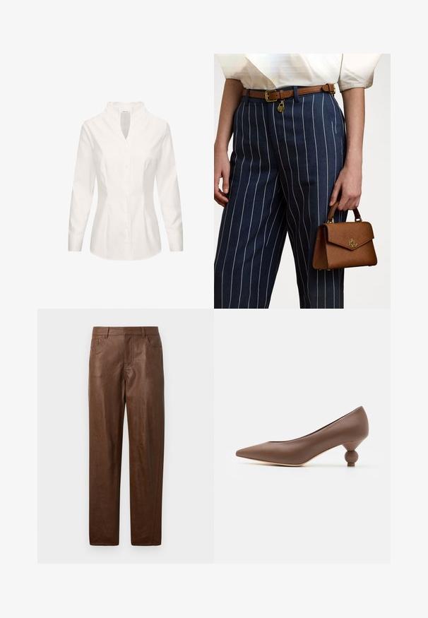 Brązowy sweter z warkoczowym splotem, okrągłym dekoltem, ściągaczami na mankietach i dolnej krawędzi, z małym logo na klatce piersiowej, wykonany z teksturowanej tkaniny.; Biała bluzka z bawełny, z kołnierzykiem mandaryńskim, długimi rękawami, zapięciem na guziki z przodu i dopasowanym krojem. Gładka faktura i klarowny design.; Brązowe skórzane spodnie o gładkiej fakturze, z prostym krojem nogawki i dwoma bocznymi kieszeniami. Posiada widoczne detale szwów.; Brązowy skórzany czółenek o spiczastym nosku z unikalnym zaokrąglonym obcasem. Gładka tekstura, elegancki design i minimalistyczne detale.; Brązowa torebka teksturowana z złotymi akcentami, trzymana obok granatowych spodni w paski z białymi pionowymi liniami. Prosty, strukturalny design.