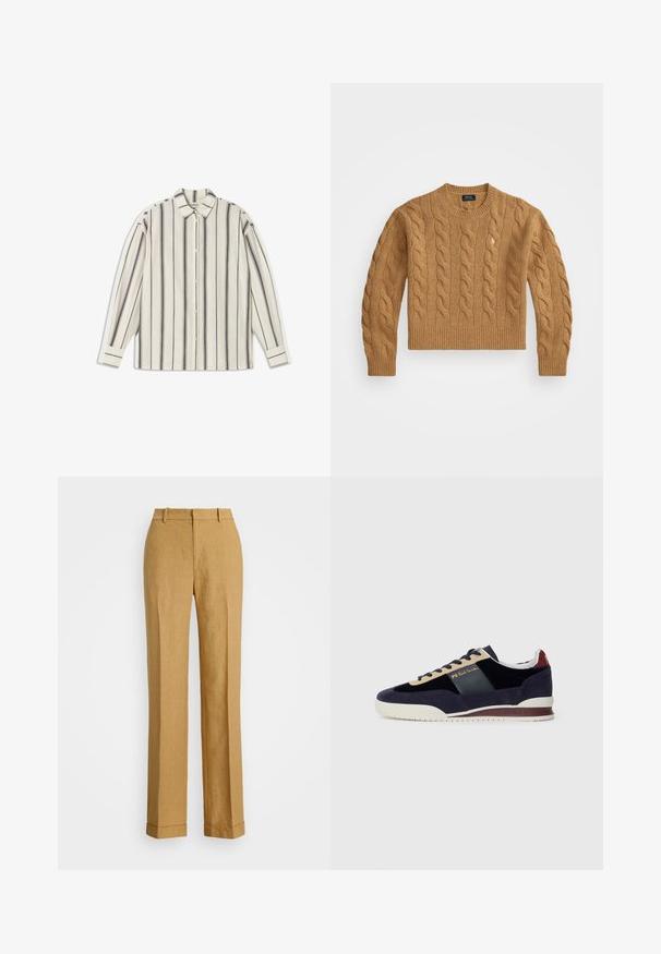 Pull en maille torsadée marron avec un col rond, des poignets et un ourlet côtelés, présentant un petit logo sur la poitrine, fabriqué en tissu texturé.; Chemise blanche à boutons, avec des rayures verticales noires, un col, des manches longues et des boutons de poignet. Tissu doux avec une texture lisse.; Polo Ralph Lauren YARD LINEN FULL FLAT FRONT - Pantalon classique - sand dune; Baskets en suede bleu marine avec des accents beige et bleu foncé. Dotées d'une semelle en caoutchouc blanc et d'un logo doré sur le côté. Design athlétique classique.