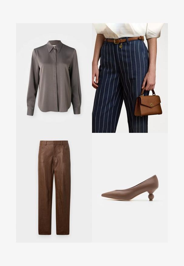 Brown cable-knit sweater with a round neckline, ribbed cuffs and hem, featuring a small logo on the chest, made from textured fabric.; Long-sleeve gray blouse featuring a smooth, satin-like texture, a pointed collar, and a front button closure.; Brown leather pants with a smooth texture, straight leg design, and two side pockets. Features visible stitching details.; Brown leather pointed-toe pump with a unique rounded ball heel. Smooth texture, sleek design, and minimalistic detailing.; Brown textured handbag with gold hardware, held beside navy striped pants featuring white vertical lines. Simple, structured design.