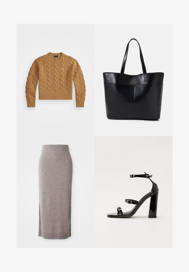 Rjava pletena jopica z okroglim ovratnikom, rebrastimi manšetami in robom, z majhnim logotipom na prsih, izdelana iz teksturirane tkanine.; Kratka taupe pletena svinčasta krila s rebrastim pojasom i rubom, koja ima bočne proreze za dodatnu udobnost i stil.; Črne lakirane sandale s peto, kvadratnim prstom, trakovi okrog gležnja in srebrnimi zaponkami. Opremljene so s stabilno Debelo peto.; Črna usnjena torba z dvema dolgima ročajema, gladko teksturo in strukturirano obliko. Ima sprednji žep za dodatno shranjevanje.