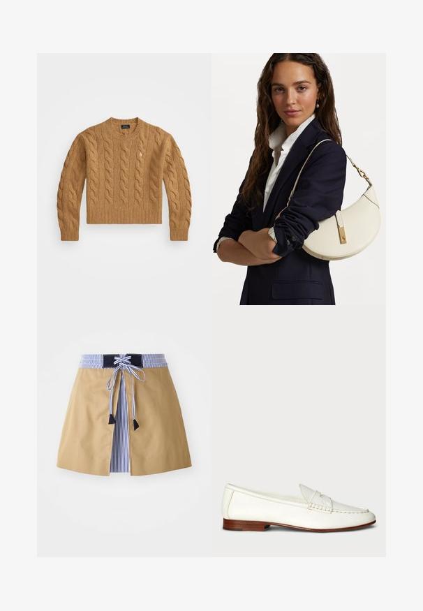 Pruun kootud sviiter ümmarguse kaelusega, soonikkoes varrukate ja hemiga, millel on rindkeres väike logo, valmistatud tekstuursest kangast.; Beež seelik sinise triibulise vöökohtaga, millel on pitsiga seotud esikülg ja mustad aktsendid. Sile kangas, keskmise pikkusega ja voolava disainiga.; Valged nahast loafers, millel on tekstureeritud viimistlus, ümar nina ja kudumise aktsent. Madal puidust konts ja minimalistlik disain.; Valge nahast käekott kumerate kujunditega, kuldsete detailide ja tekstuuriga viimistlusega, kanda tumesinise bleiseri ja valge särgiga.